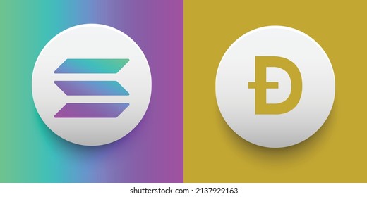 Crypto coins Dogecoin (DOGE) and Solana (SOL). Cryptocurrency based on block chain technology. Altcoin vector decentralized finance theme. Can be used for comparison and infographics template