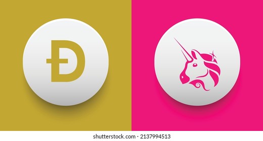 Crypto coins Dogecoin (DOGE) and Uniswap (UNI). Cryptocurrency based on block chain technology. Altcoin vector decentralized finance theme. Can be used for comparison and infographics template