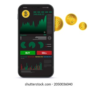 Crypto Coins dropping in mobile phone slot. Digital money trading and mobile banking concept with finance screen smartphone vector illustration. 