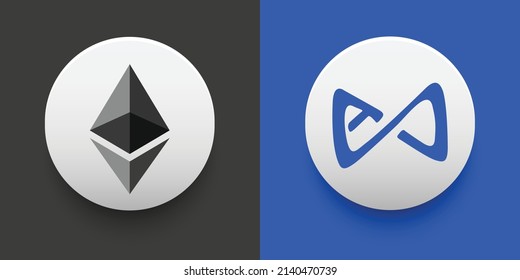 Crypto coins Ethereum (ETH) and Axie Infinity (AXS). Cryptocurrency based on block chain technology. Altcoin vector decentralized finance theme. Can be used for comparison and infographics template