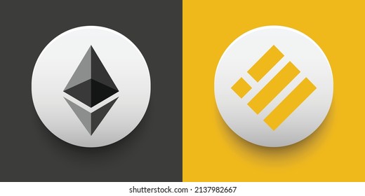 Crypto coins Ethereum (ETH) and Binance USD (BUSD). Cryptocurrency based on block chain technology. Altcoin vector decentralized finance theme. Can be used for comparison and infographics template