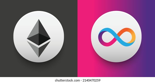 Crypto coins Ethereum (ETH) and Internet Computer (ICP). Cryptocurrency based on block chain technology. Altcoin vector decentralized finance theme. Can be used for comparison and infographics
