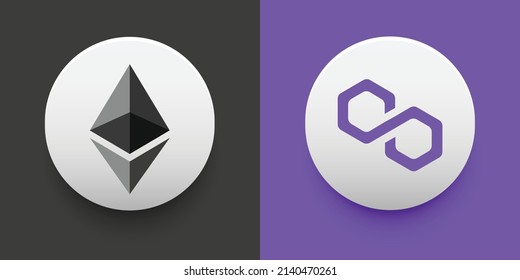 Crypto coins Ethereum (ETH) and Polygon (MATIC). Cryptocurrency based on block chain technology. Altcoin vector decentralized finance theme. Can be used for comparison and infographics template