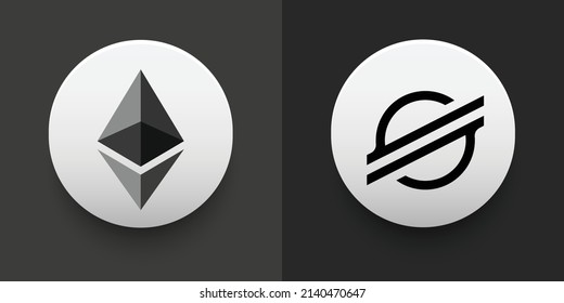 Crypto coins Ethereum (ETH) and Stellar (XLM). Cryptocurrency based on block chain technology. Altcoin vector decentralized finance theme. Can be used for comparison and infographics template