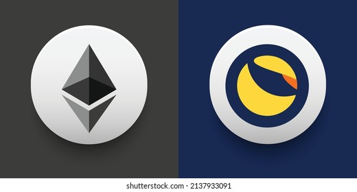 Crypto coins Ethereum (ETH) and Terra (LUNA). Cryptocurrency based on block chain technology. Altcoin vector decentralized finance theme. Can be used for comparison and infographics template