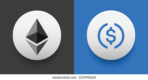 Crypto coins Ethereum (ETH) and USD Coin (USDC). Cryptocurrency based on block chain technology. Altcoin vector decentralized finance theme. Can be used for comparison and infographics template