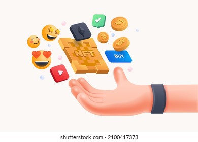 Crypto Coins, hand trading NFT non fungible token for crypto art on white background ethereum based in blockchain technology and disruptive monetization in collectibles market. 3d Vector illustration
