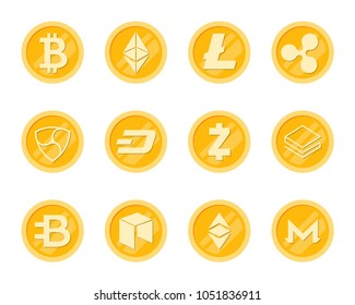 Crypto Coins Icons Set. Cryptocurrency Logo Set - Bitcoin, Litecoin, Ethereum, Ethereum Classic, Monero, Ripple, Zcash Dash, Stratis, Bytecoin, NEO, NEM.