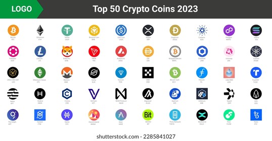 Crypto coins Logo Set in Market. Trending cryptocurrency. Digital cryptocurrency, DeFi, token icons. Bitcoin, Ethereum, Dogecoin, and more