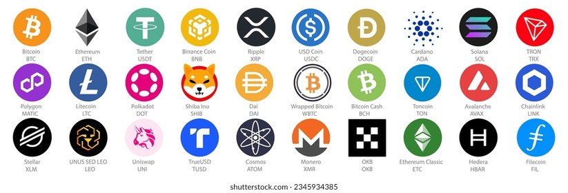 Crypto coins Logo Set in Market. Trending cryptocurrency. Digital cryptocurrency, DeFi, token icons. Bitcoin, Ethereum, Dogecoin, and more