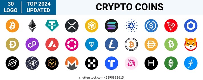 Monedas de criptografía puestas en el mercado. Tendencia de criptodivisa. Criptodivisa digital, DeFi, iconos de token. Bitcoin, etéreo, dogecoína y más