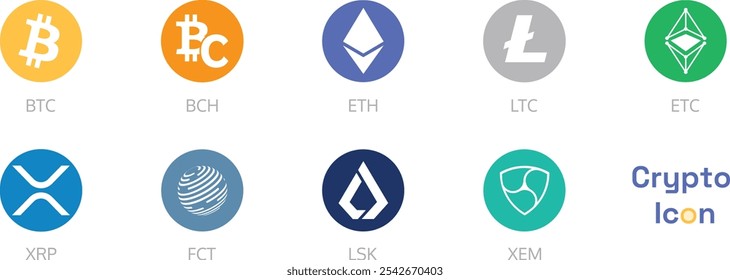 Crypto coins Logo Set in Market. Trending cryptocurrency. Digital cryptocurrency, DeFi, token icons. Bitcoin, Ethereum, Lite, and more