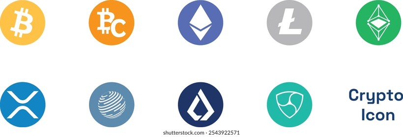 Conjunto de logotipos de criptomonedas en el mercado. Criptomoneda de tendencia. Criptomoneda digital, DeFi, iconos de tokens. Bitcoin, Ethereum, Lite y más