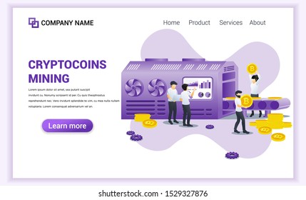Crypto coins mining concept with people working on production machine. mining bitcoins, cryptocurrency, trading. Can used for Web banner, infographics, landing page. Modern flat vector illustration