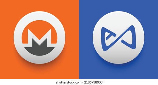 Monedas de criptografía Monero (XMR) e Infinito Axie (AXS). Criptodivisa basada en tecnología de cadena de bloques. Tema de financiación descentralizada de vectores de Altcoin. Se puede utilizar para la plantilla de comparación e infografía