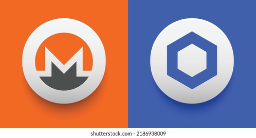 Crypto coins Monero (XMR) and Chainlink (LINK). Cryptocurrency based on block chain technology. Altcoin vector decentralized finance theme. Can be used for comparison and infographics template