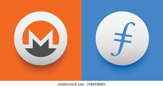 Crypto coins Monero (XMR) and Filecoin (FIL). Cryptocurrency based on block chain technology. Altcoin vector decentralized finance theme. Can be used for comparison and infographics template
