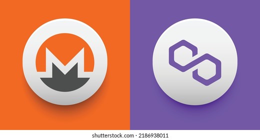 Crypto coins Monero (XMR) and Polygon (MATIC). Cryptocurrency based on block chain technology. Altcoin vector decentralized finance theme. Can be used for comparison and infographics template