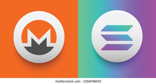 Crypto coins Monero (XMR) and Solana (SOL). Cryptocurrency based on block chain technology. Altcoin vector decentralized finance theme. Can be used for comparison and infographics template