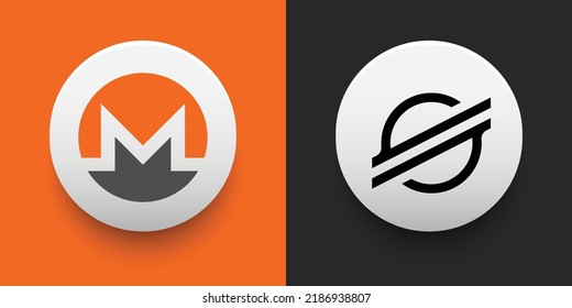 Crypto coins Monero (XMR) and Stellar (XLM). Cryptocurrency based on block chain technology. Altcoin vector decentralized finance theme. Can be used for comparison and infographics template