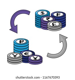 crypto coins pile with arrows