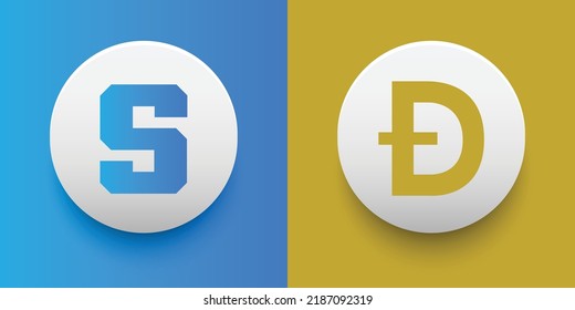 Crypto coins The Sandbox (SAND) and Dogecoin (DOGE). Cryptocurrency based on block chain technology. Altcoin vector decentralized finance theme. Can be used for comparison and infographics template