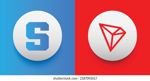 Crypto coins The Sandbox (SAND) and Tron (TRX). Cryptocurrency based on block chain technology. Altcoin vector decentralized finance theme. Can be used for comparison and infographics template