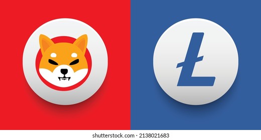 Crypto coins Shiba Inu (SHIB) and Litecoin (LTC). Cryptocurrency based on block chain technology. Altcoin vector decentralized finance theme. Can be used for comparison and infographics template