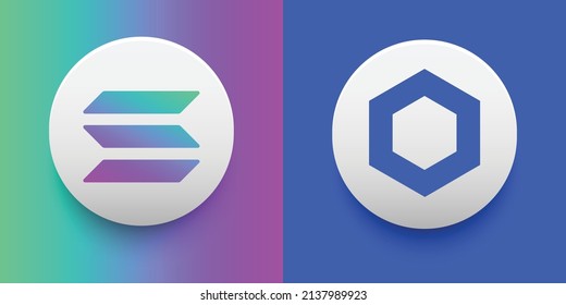 Crypto coins Solana (SOL) and Chainlink (LINK). Cryptocurrency based on block chain technology. Altcoin vector decentralized finance theme. Can be used for comparison and infographics template