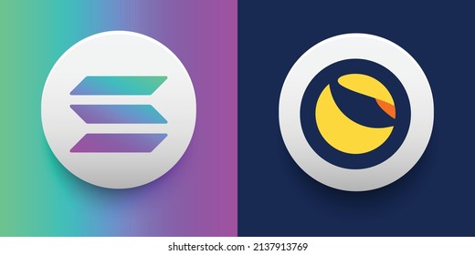 Crypto coins Solana (SOL) and Terra (LUNA). Cryptocurrency based on block chain technology. Altcoin vector decentralized finance theme. Can be used for comparison and infographics template