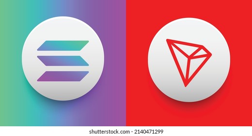 Crypto coins Solana (SOL) and Tron (TRX). Cryptocurrency based on block chain technology. Altcoin vector decentralized finance theme. Can be used for comparison and infographics template