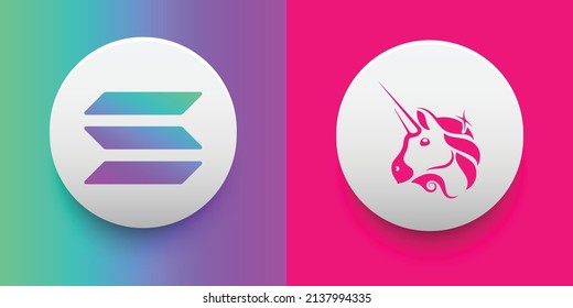 Crypto coins Solana (SOL) and Uniswap (UNI). Cryptocurrency based on block chain technology. Altcoin vector decentralized finance theme. Can be used for comparison and infographics template