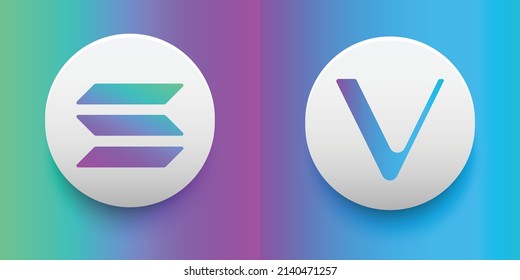 Crypto coins Solana (SOL) and VeChain (VET). Cryptocurrency based on block chain technology. Altcoin vector decentralized finance theme. Can be used for comparison and infographics template