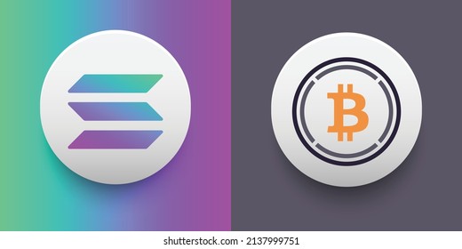 Crypto coins Solana (SOL) and Wrapped Bitcoin (WBTC). Cryptocurrency based on block chain technology. Altcoin vector decentralized finance theme. Can be used for comparison and infographics template
