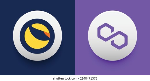 Crypto coins Terra (LUNA) and Polygon (MATIC). Cryptocurrency based on block chain technology. Altcoin vector decentralized finance theme. Can be used for comparison and infographics template