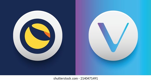 Crypto coins Terra (LUNA) and VeChain (VET). Cryptocurrency based on block chain technology. Altcoin vector decentralized finance theme. Can be used for comparison and infographics template