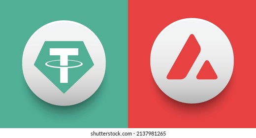 Crypto coins Tether (USDT) and Avalanche (AVAX). Cryptocurrency based on block chain technology. Altcoin vector decentralized finance theme. Can be used for comparison and infographics template