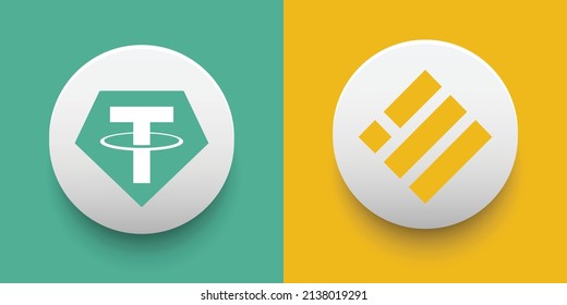 Crypto coins Tether (USDT) and Binance USD (BUSD). Cryptocurrency based on block chain technology. Altcoin vector decentralized finance theme. Can be used for comparison and infographics template