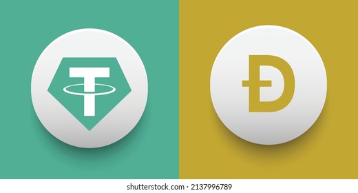 Crypto coins Tether (USDT) and Dogecoin (DOGE). Cryptocurrency based on block chain technology. Altcoin vector decentralized finance theme. Can be used for comparison and infographics template