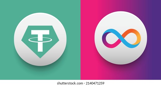 Monedas de criptografía Tether (USDT) e Internet Computer (ICP). Criptodivisa basada en tecnología de cadena de bloques. Tema de financiación descentralizada de vectores de Altcoin. Se puede utilizar para la plantilla de comparación e infografía