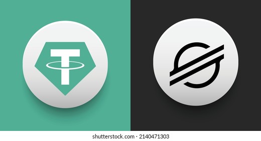 Crypto coins Tether (USDT) and Stellar (XLM). Cryptocurrency based on block chain technology. Altcoin vector decentralized finance theme. Can be used for comparison and infographics template