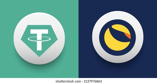 Crypto coins Tether (USDT) and Terra (LUNA). Cryptocurrency based on block chain technology. Altcoin vector decentralized finance theme. Can be used for comparison and infographics template