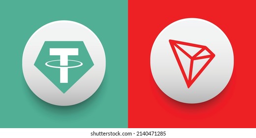 Monedas de criptografía Tether (USDT) y Tron (TRX). Criptodivisa basada en tecnología de cadena de bloques. Tema de financiación descentralizada de vectores de Altcoin. Se puede utilizar para la plantilla de comparación e infografía