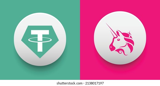 Crypto coins Tether (USDT) and Uniswap (UNI). Cryptocurrency based on block chain technology. Altcoin vector decentralized finance theme. Can be used for comparison and infographics template