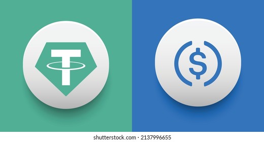 Crypto coins Tether (USDT) and USD Coin (USDC). Cryptocurrency based on block chain technology. Altcoin vector decentralized finance theme. Can be used for comparison and infographics template