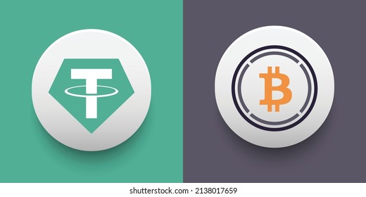 Crypto coins Tether (USDT) and Wrapped Bitcoin (WBTC). Cryptocurrency based on block chain technology. Altcoin vector decentralized finance theme. Can be used for comparison and infographics template
