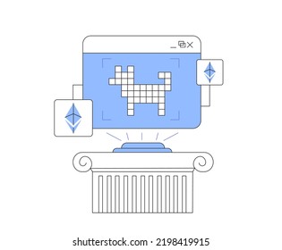 Comercio de monedas de criptografía. token no fungible de NFT para el arte criptográfico. Tecnología de blockchain basada en etéreo y monetización disruptiva en concepto de mercado coleccionable. Ilustración vectorial para sitio web, ui.