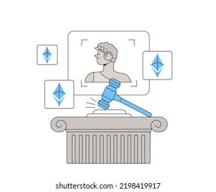 Crypto coins trading. NFT non fungible token for crypto art. Ethereum based blockchain technology and disruptive monetization in collectibles market concept. Vector illustration for website, ui.