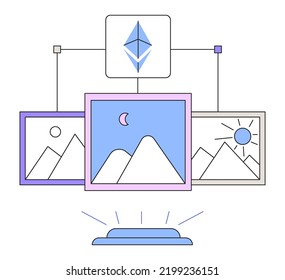 Comercio de monedas de criptografía. token no fungible de NFT para el arte criptográfico. Tecnología de blockchain basada en etéreo y monetización disruptiva en concepto de mercado coleccionable. Ilustración vectorial para sitio web, ui.