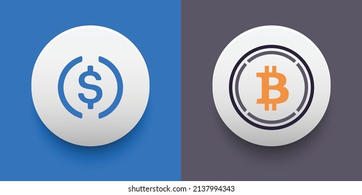 Monedas de cripto Moneda USD (USDC) y Bitcoin envuelto (WBTC). Criptodivisa basada en tecnología de cadena de bloques. Tema de financiación descentralizada de vectores de Altcoin. Se puede usar para comparación e infografía 